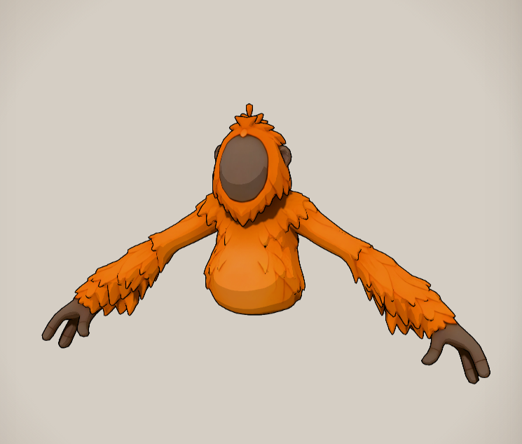 Orange, long-armed orangutan character with a blank face and black toon outlines
